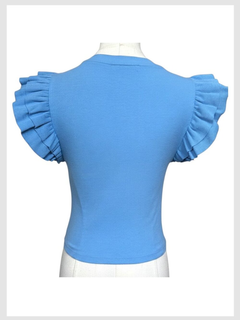 Zara Ribbed Crop Top Blue Ruffle Sleeve Crew Neck M - Picture 5 of 7